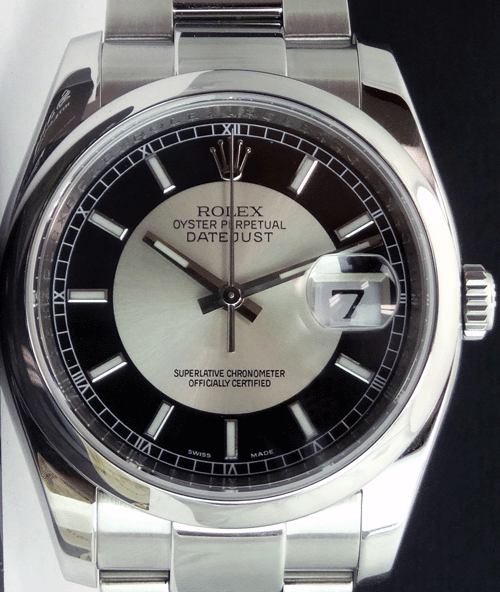 ROLEX Mens DateJust Stainless Steel Black Bulls Eye Index Dial Oyster Band Model 116200