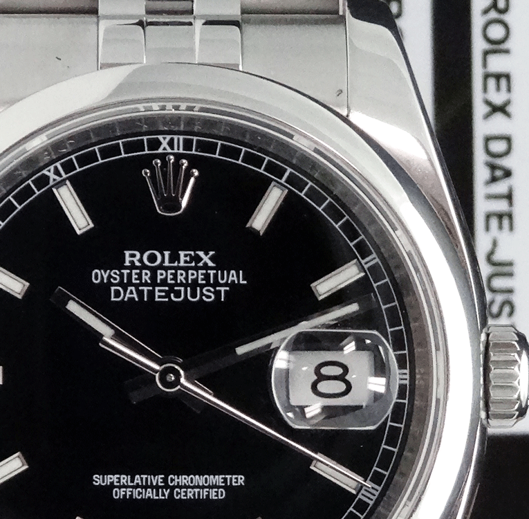 ROLEX Mens Stainless Steel Datejust 36 Black Index Dial Jubilee Band Model 116200