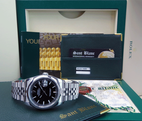 ROLEX Mens Stainless Steel Datejust 36 Black Index Dial Jubilee Band Model 116200