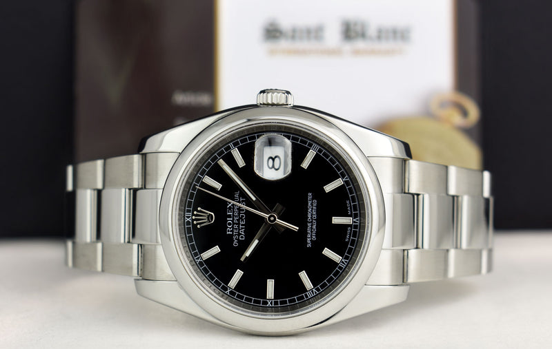ROLEX 36mm Stainless Steel DateJust Black Index Dial Oyster Band Model 116200