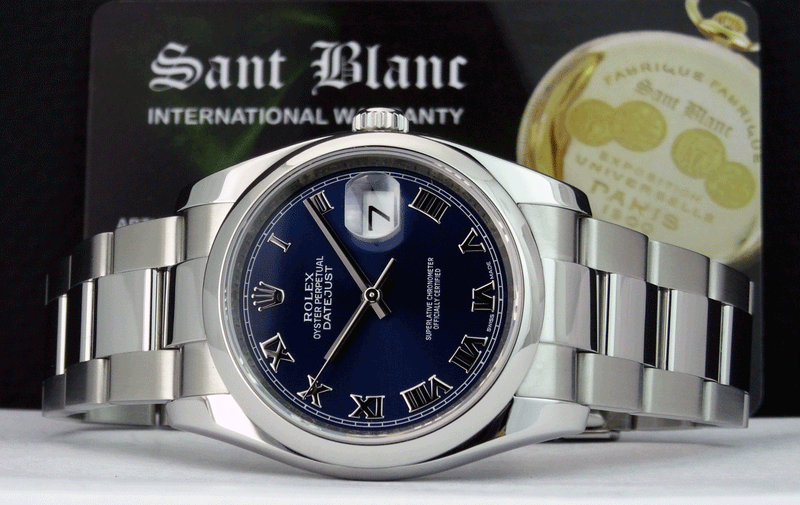 ROLEX Mens Stainless Steel DateJust 36 Blue Roman Dial Oyster Band Model 116200