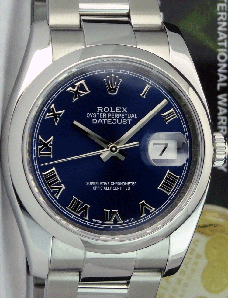 ROLEX Mens Stainless Steel DateJust 36 Blue Roman Dial Oyster Band Model 116200