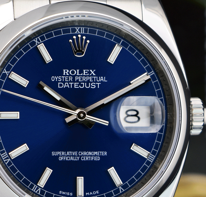 ROLEX Mens Stainless Steel DateJust 36 Blue Index Dial Oyster Band Model 116200