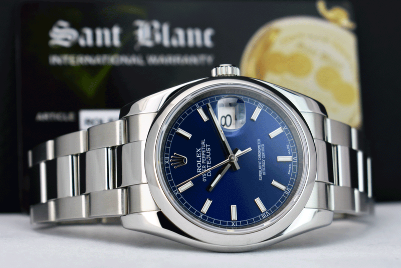 ROLEX Mens Stainless Steel DateJust 36 Blue Index Dial Oyster Band Mod Sant Blanc