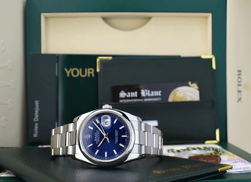 ROLEX Mens Stainless Steel DateJust 36 Blue Index Dial Oyster Band Model 116200