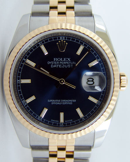 Rolex - Men's Rehaut 36mm 18kt Gold & SS DateJust 36 Blue Index Dial Model 116233