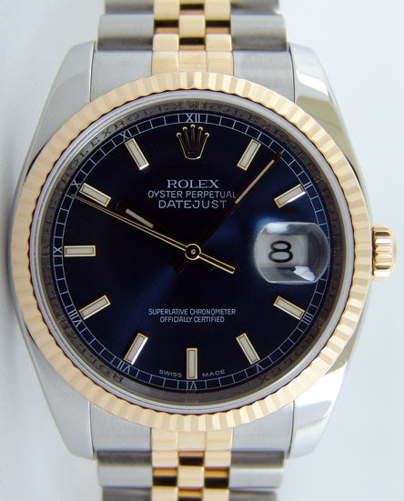 Rolex - Men's Rehaut 36mm 18kt Gold & SS DateJust 36 Blue Index Dial Model  116233