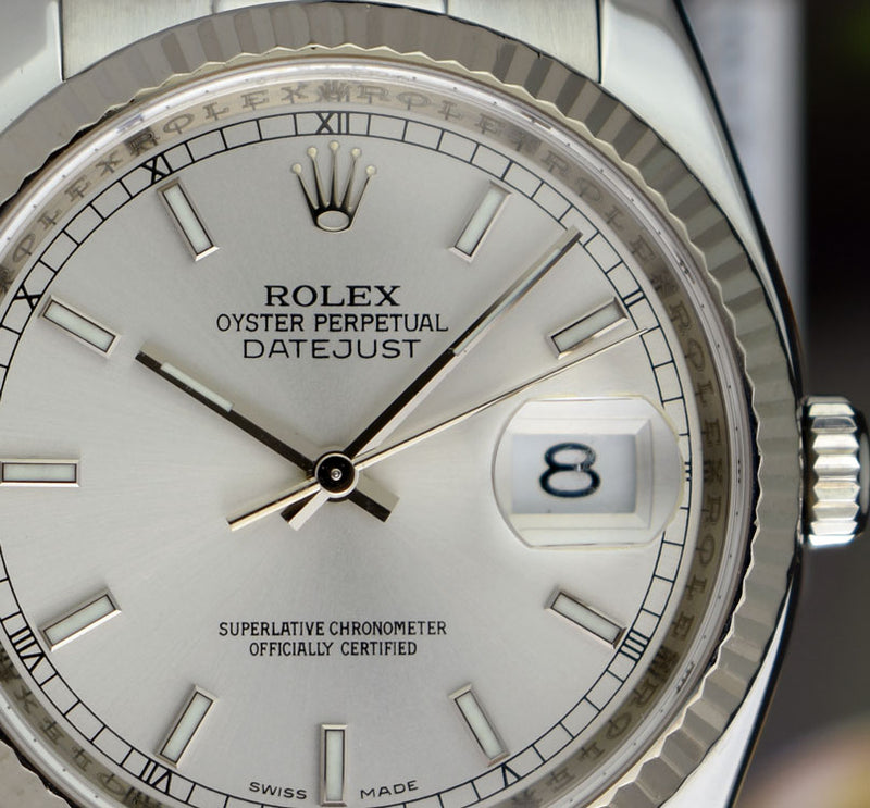 ROLEX 18kt White Gold & Stainless DateJust Silver Index Dial Model 116234