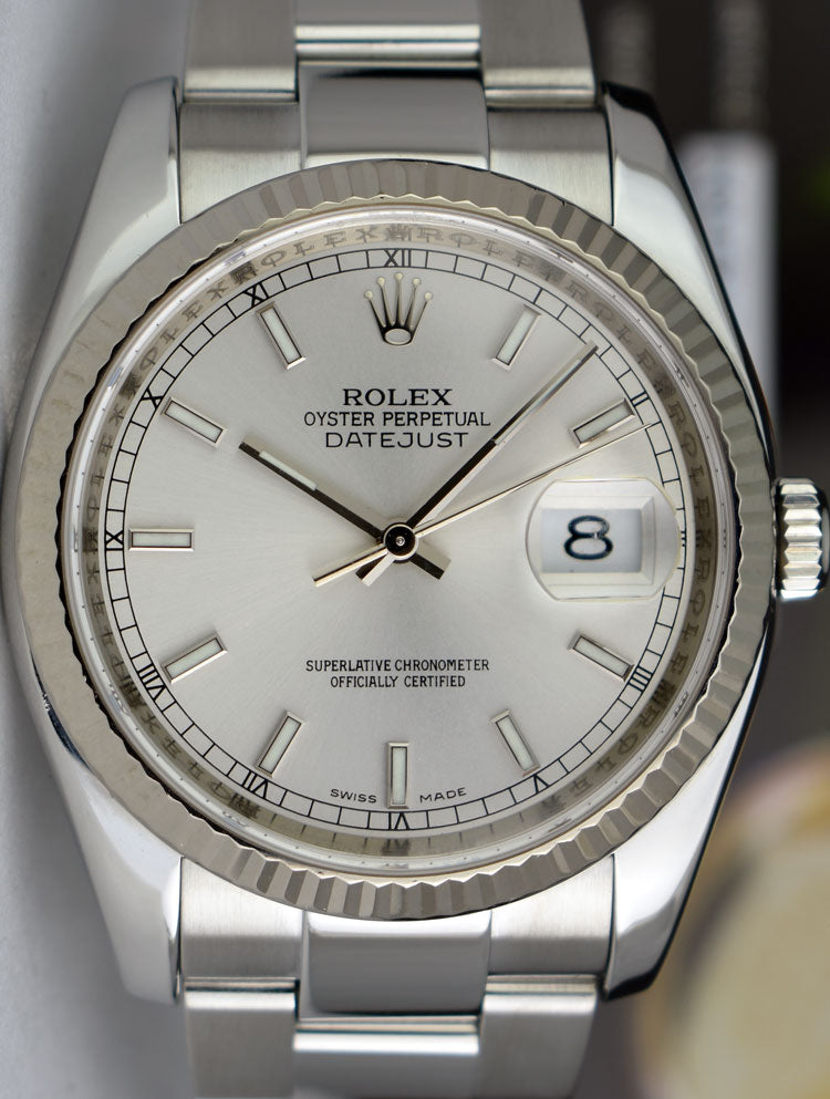 ROLEX 18kt White Gold & Stainless DateJust Silver Index Dial Model 116234