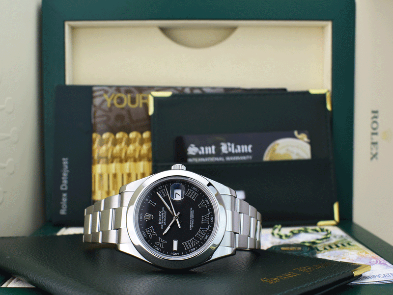 ROLEX 41mm Mens Stainless Steel DateJust II Black Roman Dial Model 116300