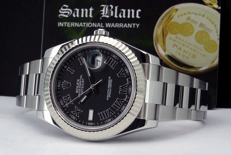 ROLEX 18kt White Gold & Stainless DateJust II Black Roman Dial Model 116334