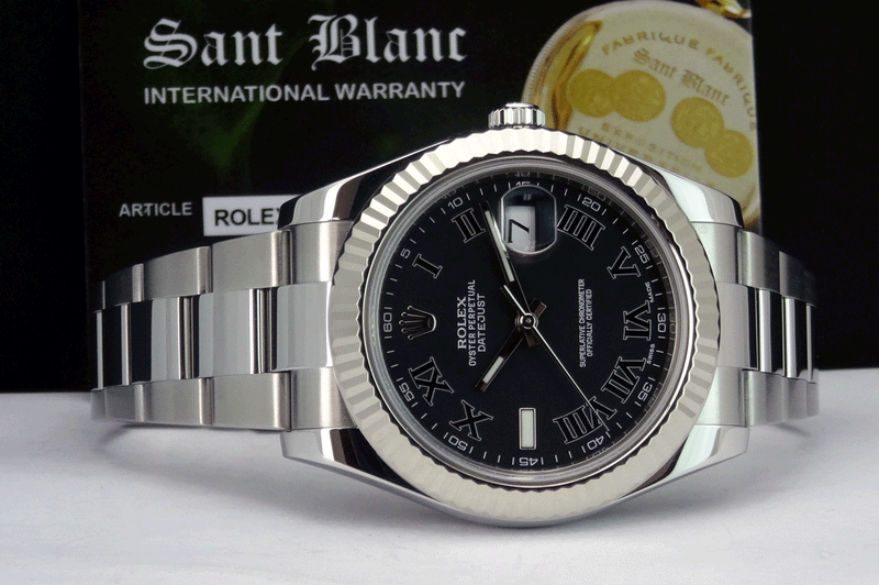 ROLEX 18kt White Gold & Stainless DateJust II Black Roman Dial Model 116334