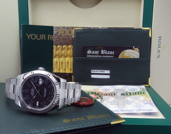 ROLEX 18kt White Gold & Stainless DateJust II Black Roman Dial Model 116334