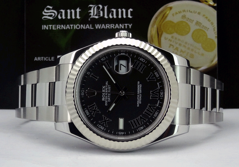 ROLEX 18kt White Gold & Stainless DateJust II Black Roman Dial Model 116334