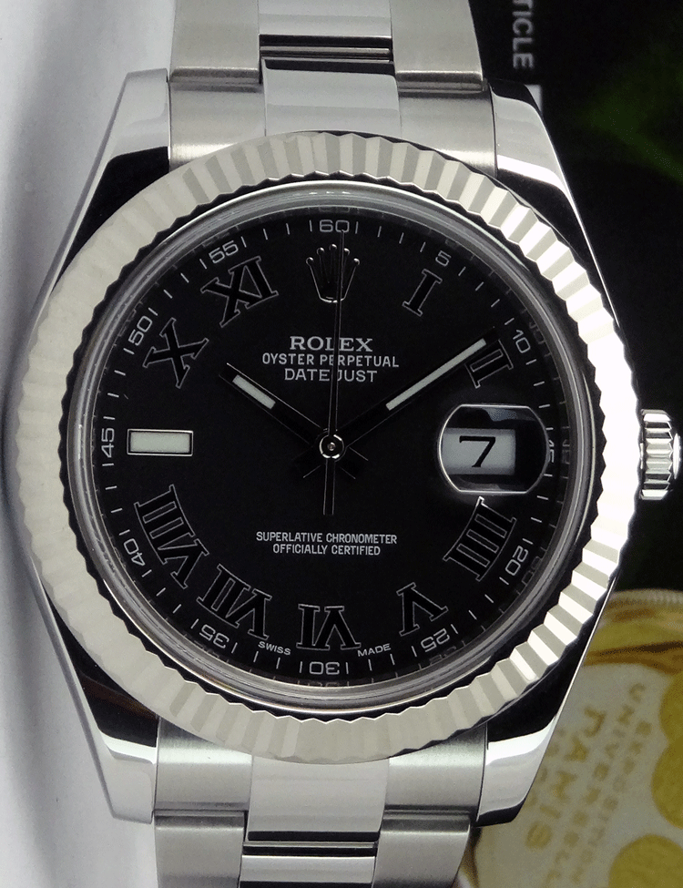 ROLEX 18kt White Gold & Stainless DateJust II Black Roman Dial Model 116334