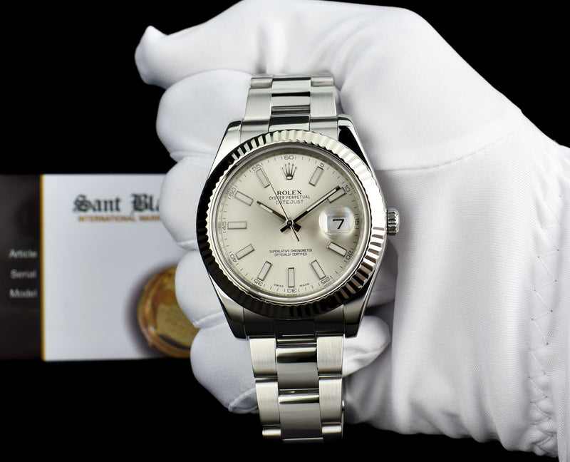 ROLEX 41mm 18kt White Gold & Stainless Steel DateJust II Silver Index Dial Model 116334