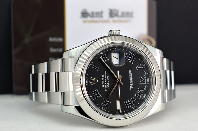 ROLEX 41mm 18kt White Gold & Stainless Steel DateJust II Black Roman Dial Model 116334