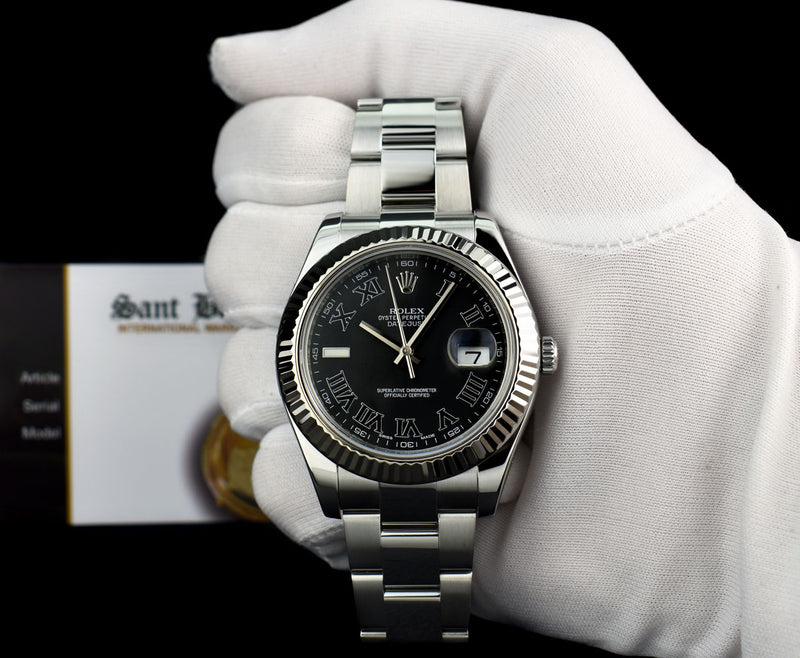 ROLEX 41mm 18kt White Gold & Stainless Steel DateJust II Black Roman Dial Model 116334