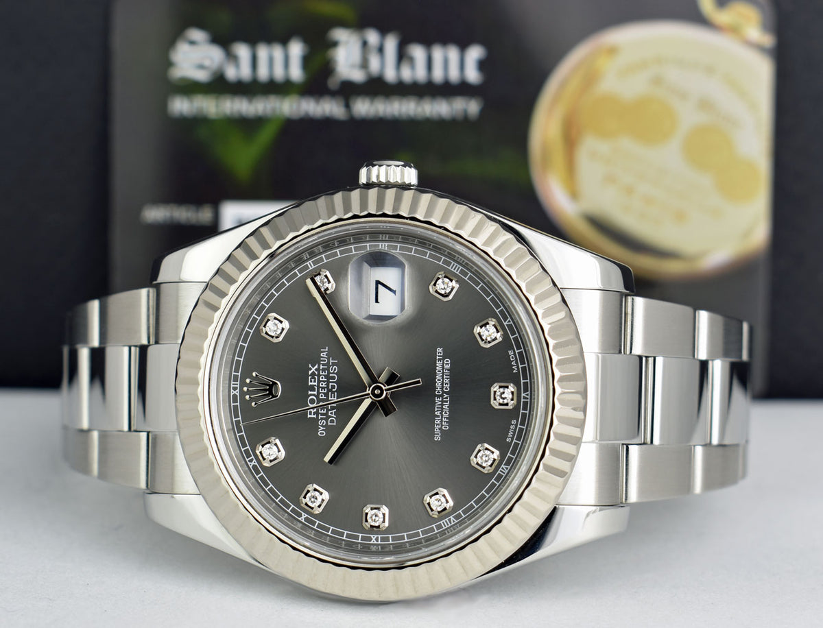 ROLEX 41mm 18kt White Gold Stainless DateJust II Rhodium Diamond Dia Sant Blanc