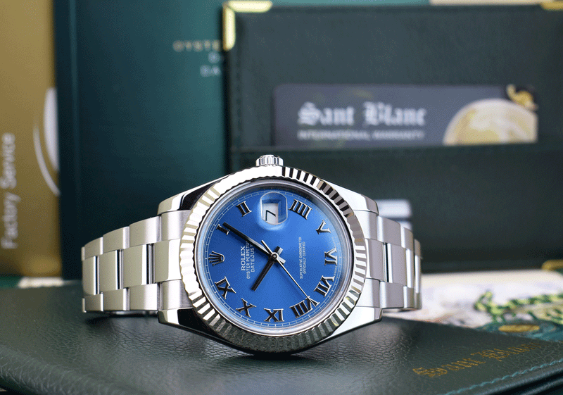 ROLEX Mens 18kt White Gold & Stainless Steel DateJust II Blue Roman Model 116334