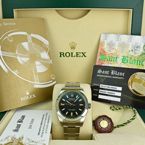 ROLEX 40mm Stainless Steel Milgauss Green Crystal Black Index