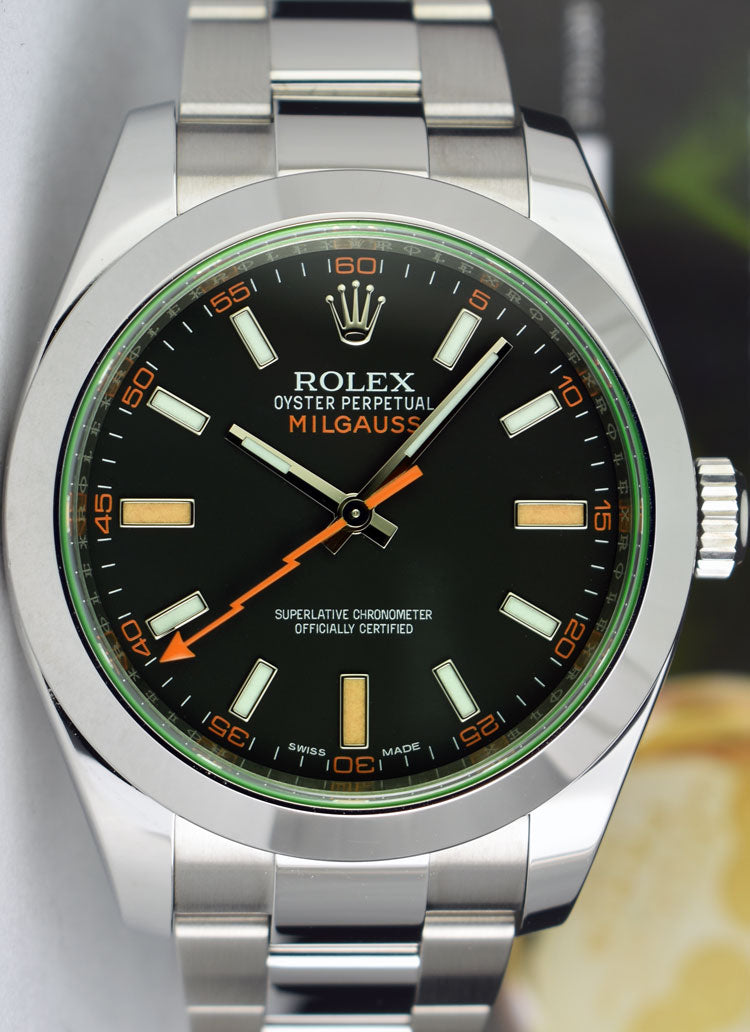 ROLEX 40mm Stainless Steel Milgauss Green Crystal Black Index Model 116400GV
