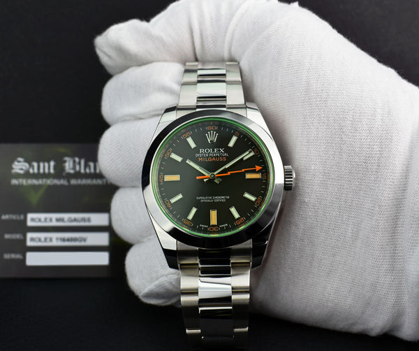 ROLEX 40mm Stainless Steel Milgauss Green Crystal Black Index