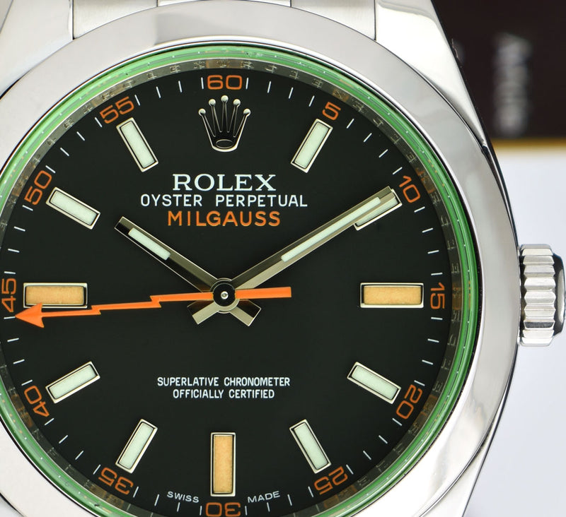 ROLEX 40mm Stainless Steel Milgauss Green Crystal Black Index Dial Model 116400V