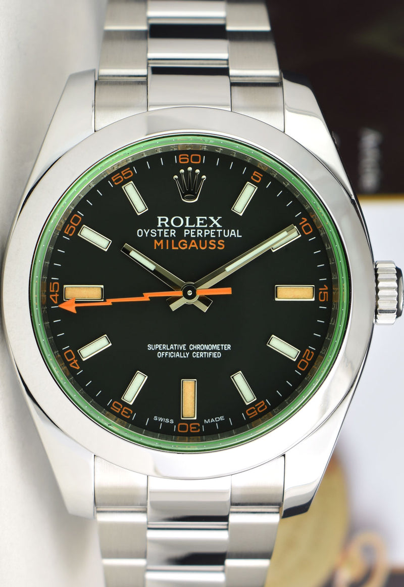 ROLEX 40mm Stainless Steel Milgauss Green Crystal Black Index Dial Model 116400V