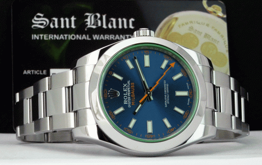 ROLEX Stainless Steel Milgauss BLUE Index Dial & GREEN Crystal 116400