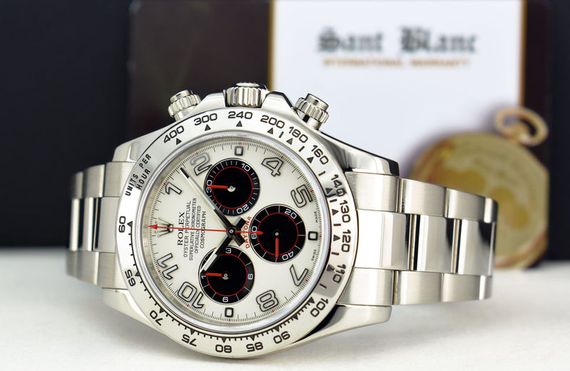 ROLEX 40mm 18kt White Gold Daytona White & Black Panda Dial Red Hands Model 116509
