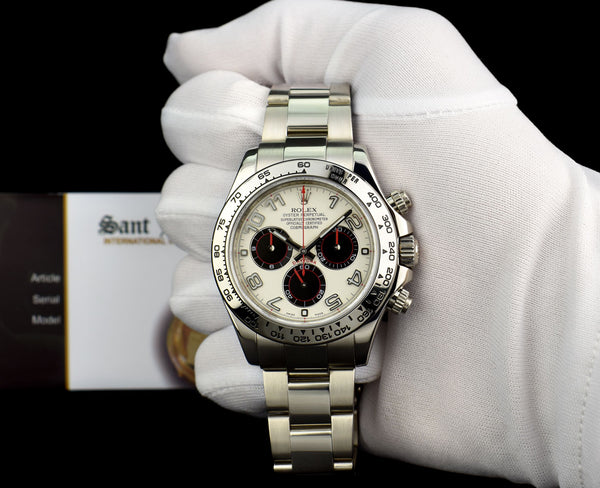 ROLEX 40mm 18kt White Gold Daytona White & Black Panda Dial Red Hands Model 116509