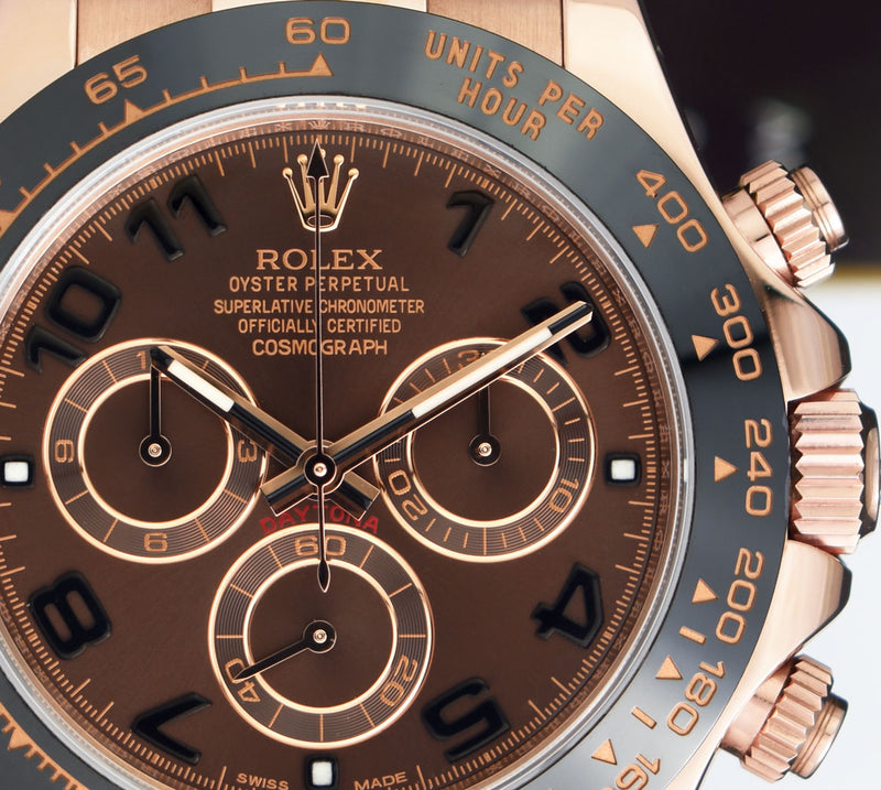 ROLEX 18kt Rose Gold Daytona Chocolate Arabic Dial Black Ceramic Bezel Model 116515