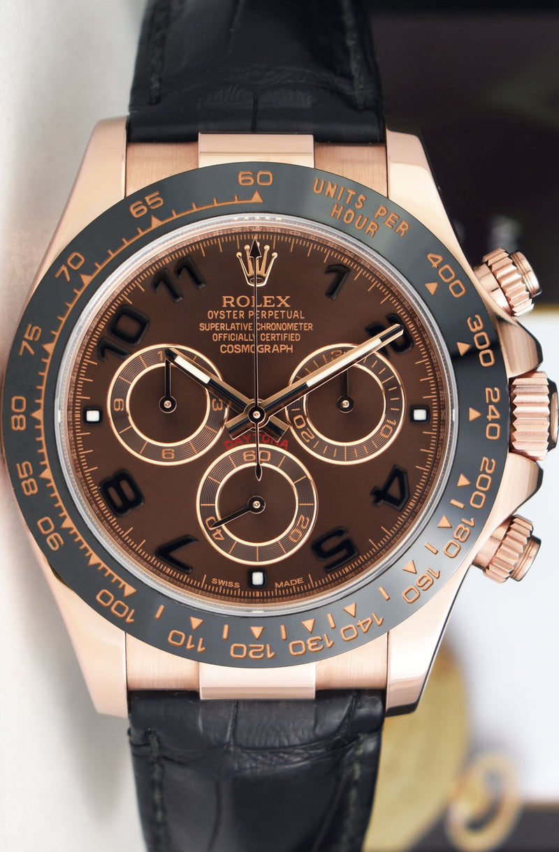 ROLEX 18kt Rose Gold Daytona Chocolate Arabic Dial Black Ceramic Bezel Model 116515