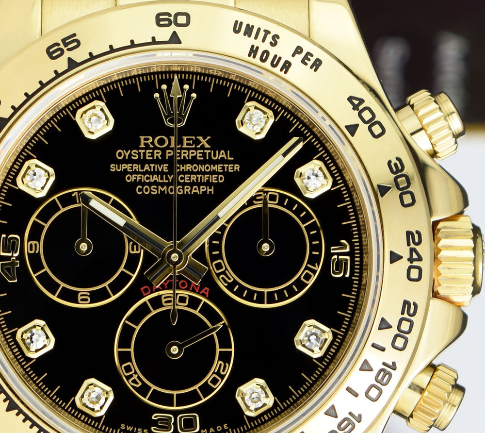 ROLEX Rehaut 18kt Gold Daytona Black Diamond Black Strap w/Box and