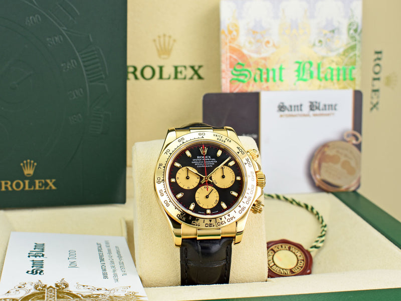 ROLEX 18kt Gold Daytona Black Paul Newman Dial Black Strap Model 116518
