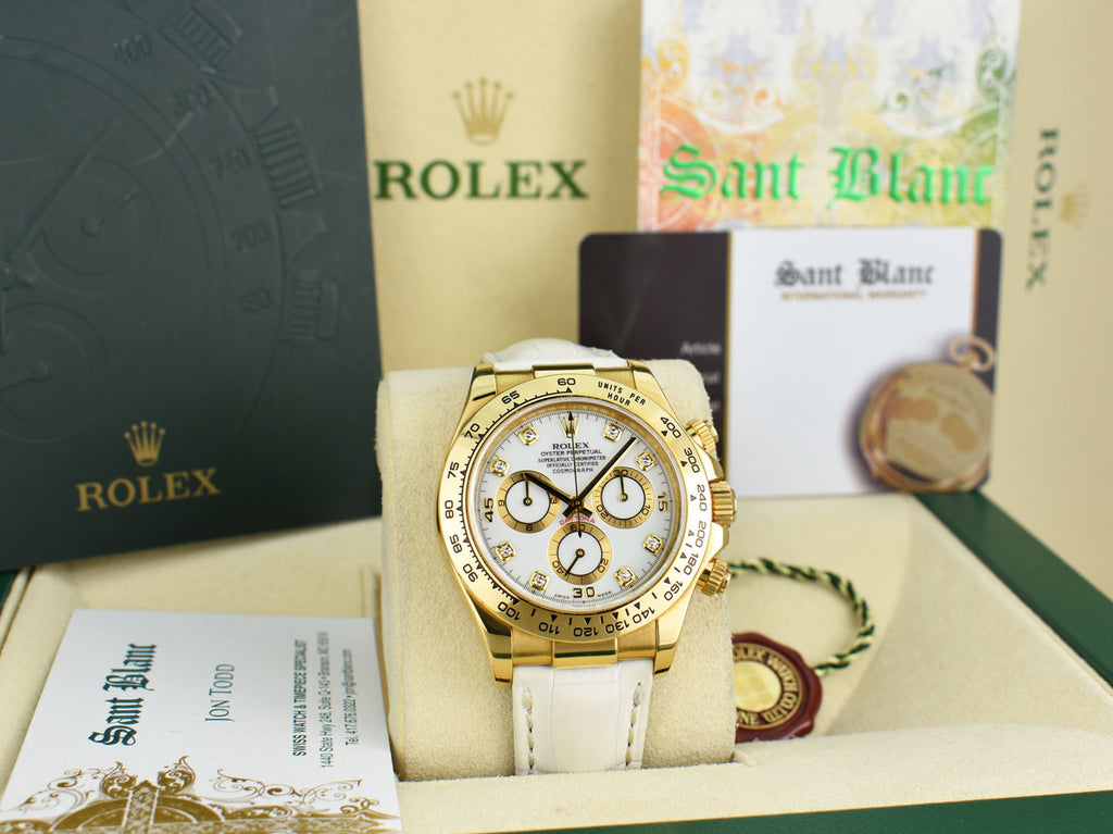 ROLEX デイトナ ゴールド/ホワイト 掛時計 ROLEX 40mm 18kt Gold Daytona White Diamond Dial White Leather