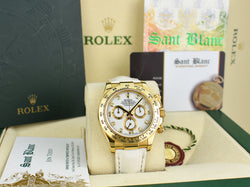ROLEX 40mm 18kt Gold Daytona White Diamond Dial White Leather Strap Model 116518*