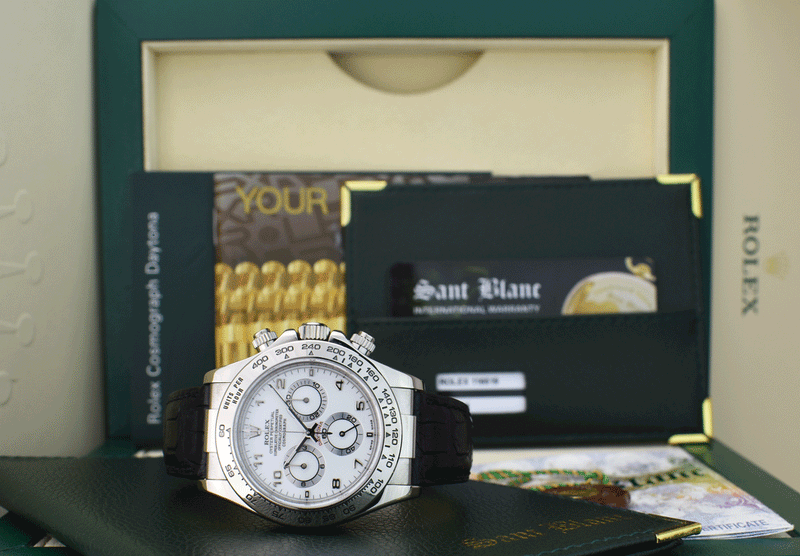 ROLEX 18kt White Gold Daytona on Black Strap White Arabic Dial Model 116519