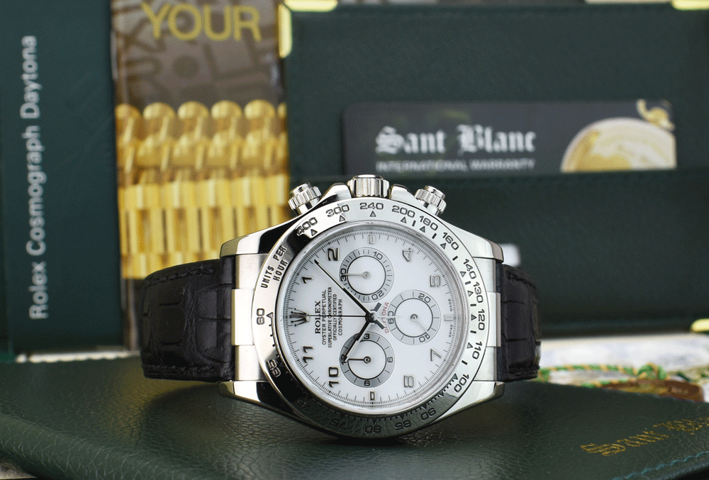 ROLEX 18kt White Gold Daytona on Black Strap White Arabic