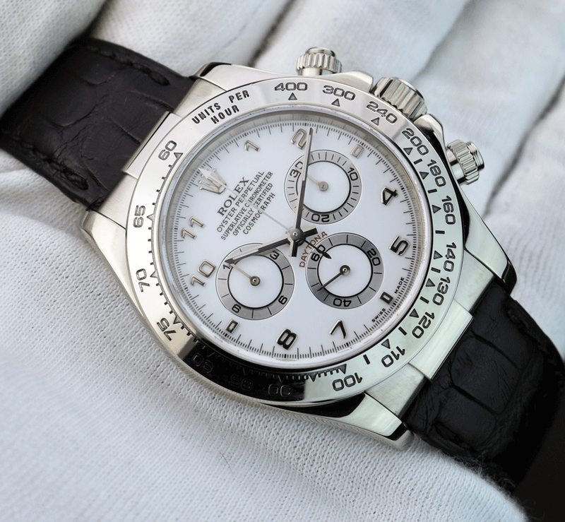ROLEX 18kt White Gold Daytona on Black Strap White Arabic Dial