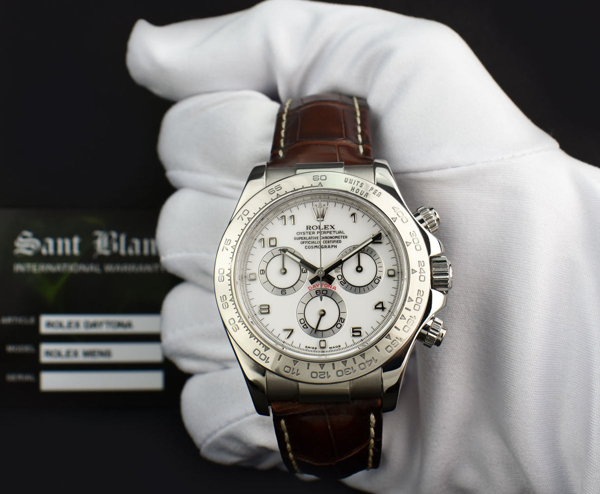 ROLEX 18kt White Gold Daytona White Arabic on Brown Strap Model