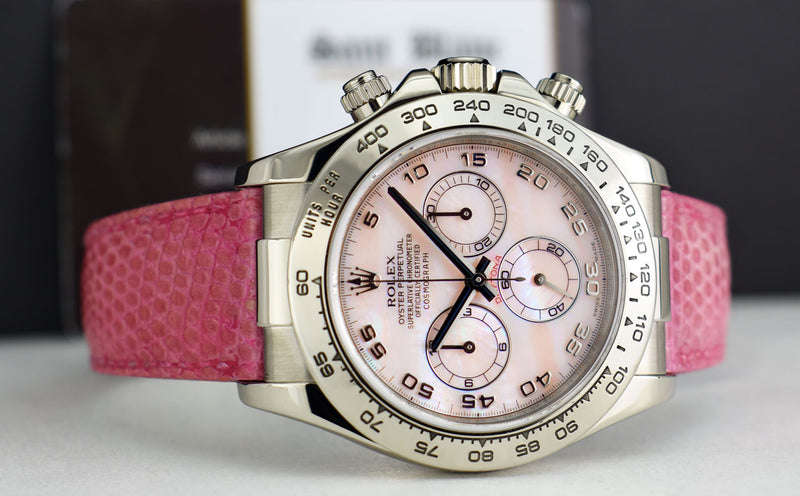 ROLEX 18kt White Gold Daytona Rose Mother of Pearl Dial Lizzard Pink Strap Model 116519