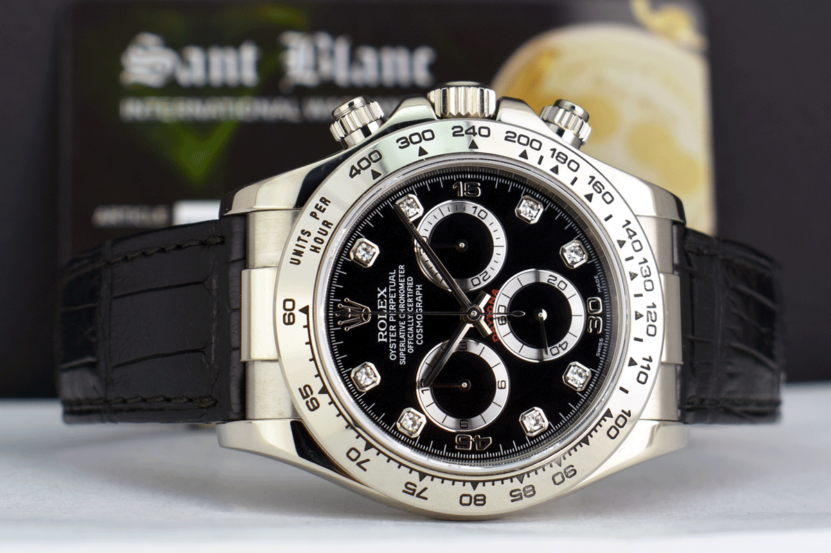 よっさん ROLEX 18kt White Gold Daytona on Strap Black Diamond Dial Model