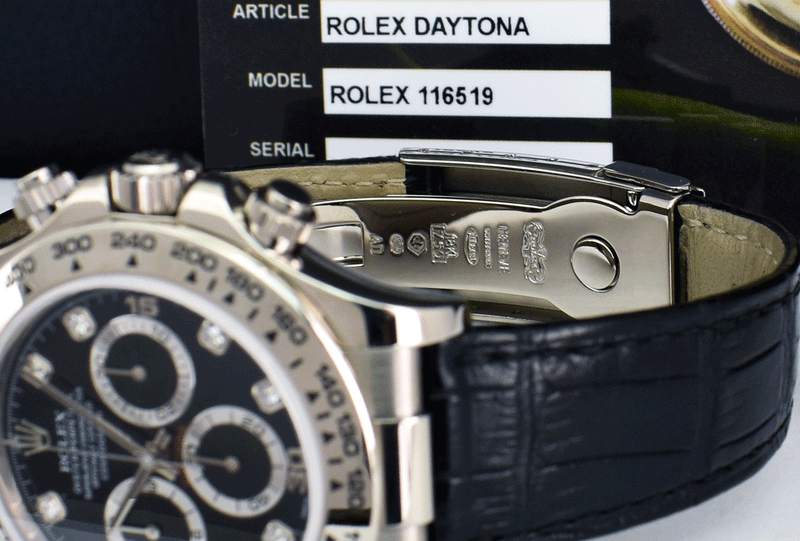 ROLEX 18kt White Gold Daytona on Strap Black Diamond Dial Model 116519