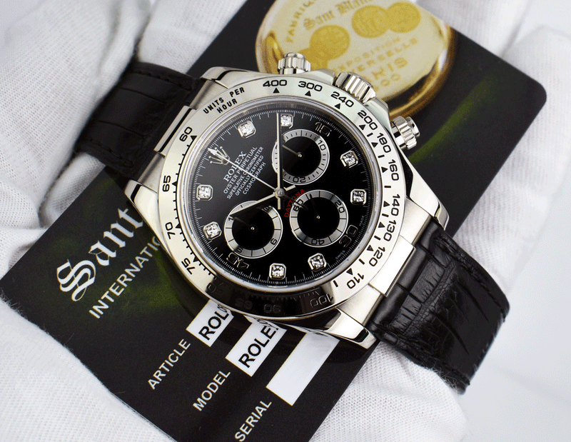 ROLEX 18kt White Gold Daytona on Strap Black Diamond Dial Model