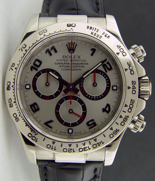 ROLEX REHAUT 40mm 18kt White Gold DAYTONA Silver Dial Black Leather 116519