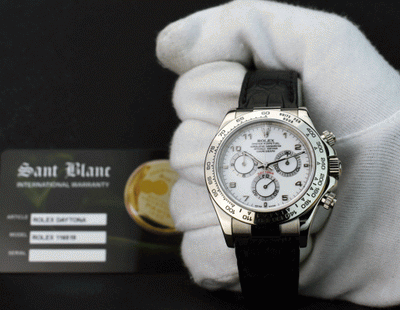ROLEX 18kt White Gold Daytona White Arabic Black Strap Model