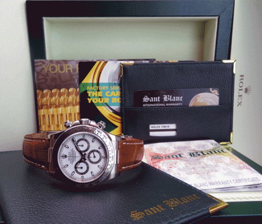 ROLEX Rehaut 18kt White Gold Daytona White Index Brown Strap Model 116519