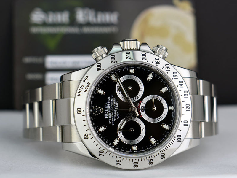 ROLEX 40mm Stainless Steel Daytona Black Index Dial Fat Clasp Box & Card Model 116520